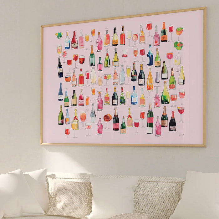 Bar Cart Coquette Trendy Pink Champagne Wall Art Retro Vinatge Aesthetic Landscape Print Pink Bar Cart Print Funny Art Minimalist Digital