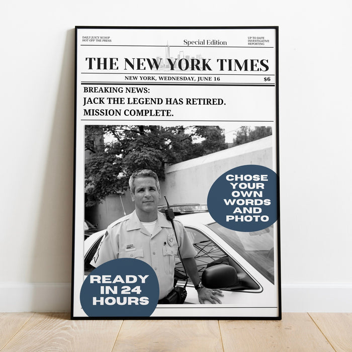 Police Retirement Gift for Men or Women Military Police Christmas Card Police Birthday Party Decorations Personalized Newspaper Print