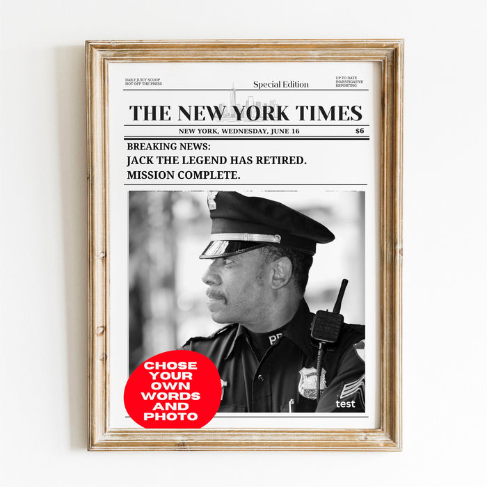 Police Retirement Gift for Men or Women Military Police Christmas Card Police Birthday Party Decorations Personalized Newspaper Print