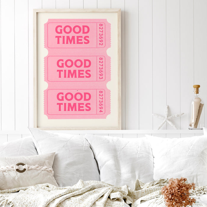 Good Times Ticket Pink Poster, Funky 70s Pink Wall Art, Digital Artwork,Printable, Girly Dorm Room Art Trendy Retro Digital Download 1 Print