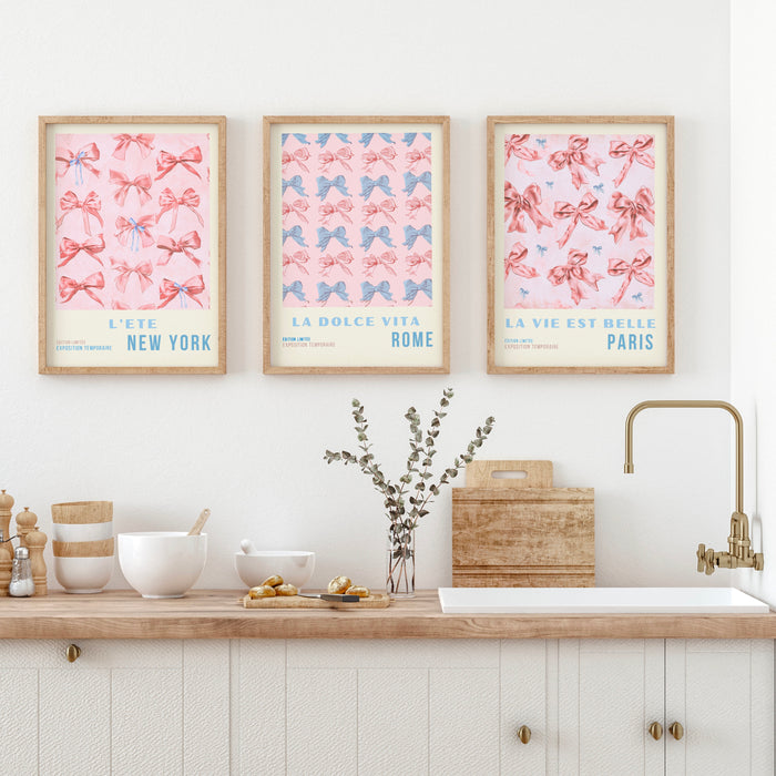 Coquette Pink Bow Prints Trendy Retro Wall Art Set of 3 Travel Posters Aesthetic Print Coquette Pink Bow Flower Print Digital Art