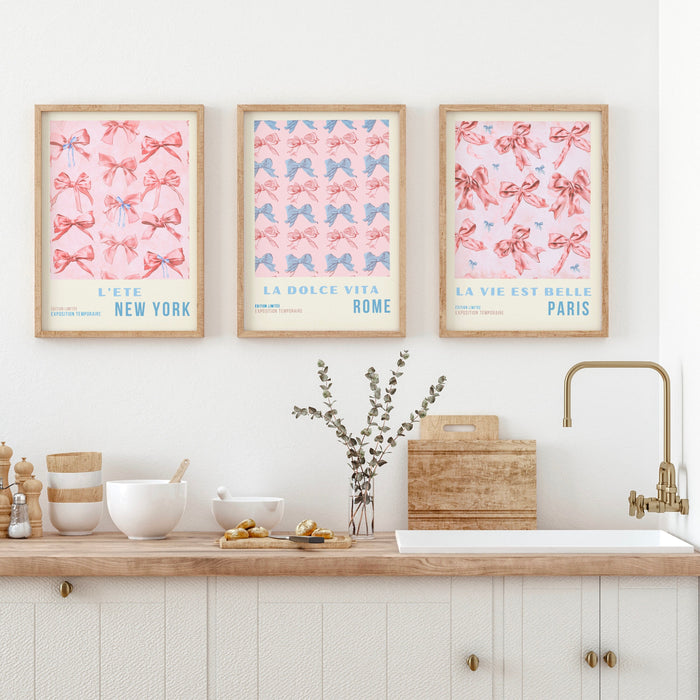 Coquette Pink Bow Prints Trendy Retro Wall Art Set of 3 Travel Posters Aesthetic Print Coquette Pink Bow Flower Print Digital Art