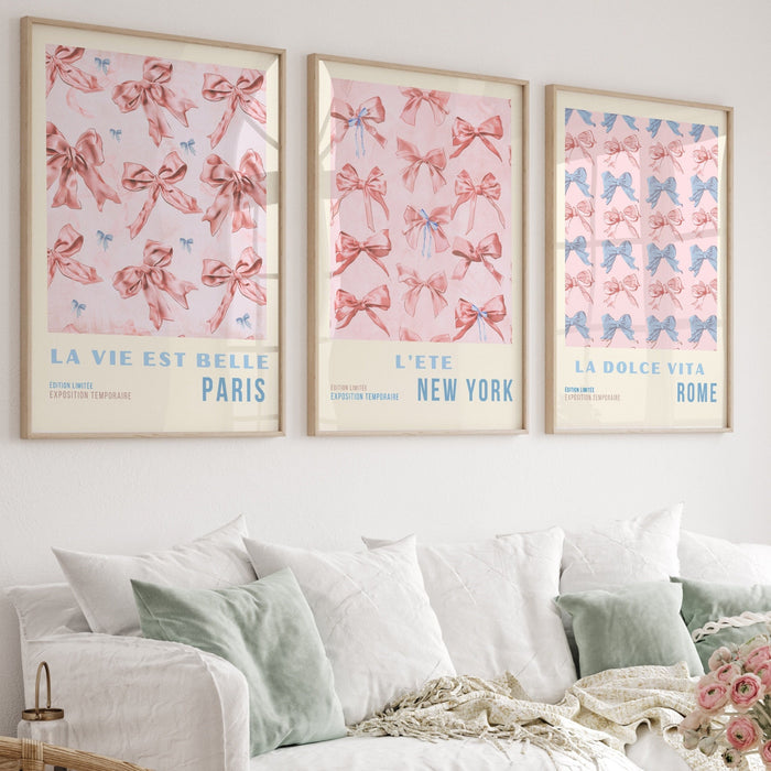 Coquette Pink Bow Prints Trendy Retro Wall Art Set of 3 Travel Posters Aesthetic Print Coquette Pink Bow Flower Print Digital Art