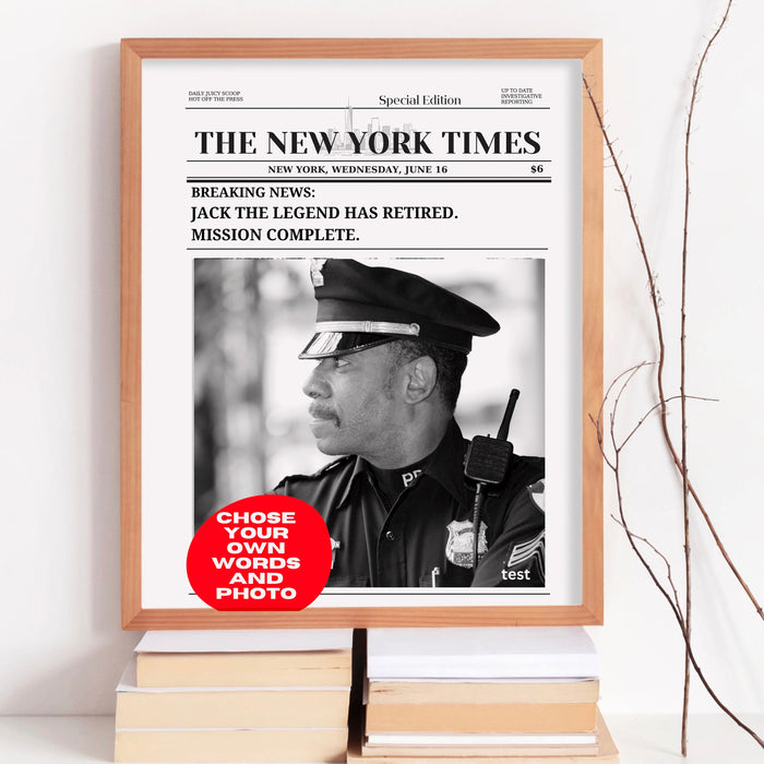 Police Retirement Gift for Men or Women Military Police Christmas Card Police Birthday Party Decorations Personalized Newspaper Print