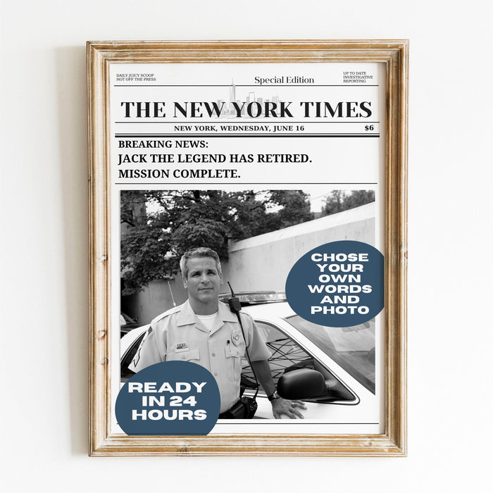 Police Retirement Gift for Men or Women Military or Police Retirement Card Police Retirement Party Decorations Personalized Newspaper Print