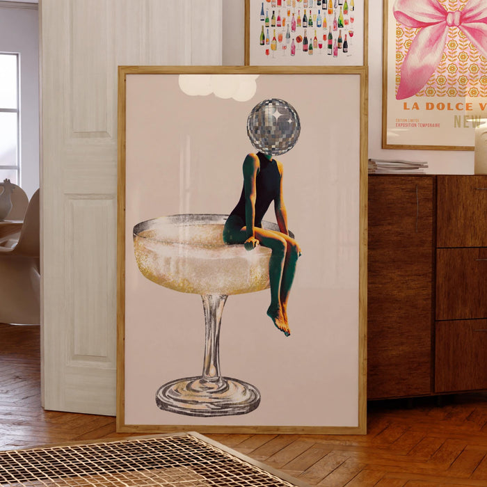 Disco ball head poster, funky disco 70s print, retro wall art, digital artwork, luxury mirrorball printable, girly dorm room artt trendy