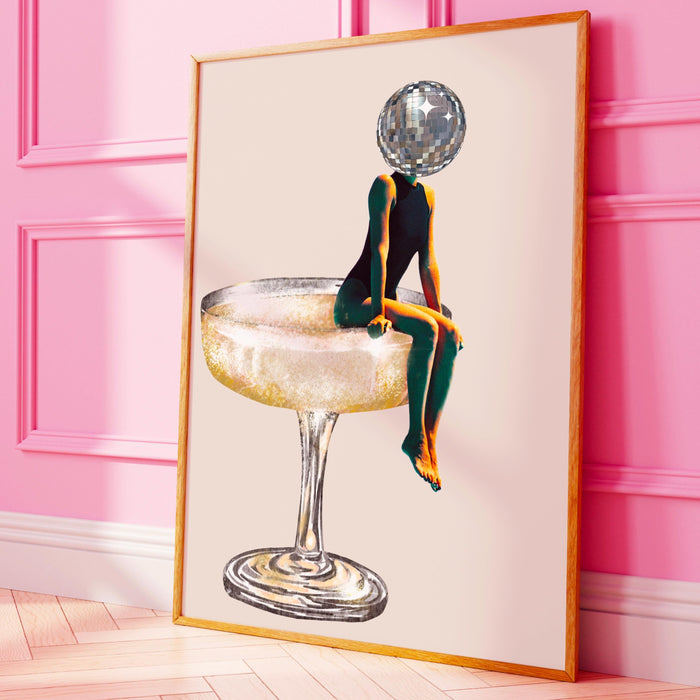 Disco ball head poster, funky disco 70s print, retro wall art, digital artwork, luxury mirrorball printable, girly dorm room artt trendy