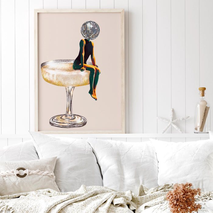 Disco ball head poster, funky disco 70s print, retro wall art, digital artwork, luxury mirrorball printable, girly dorm room artt trendy