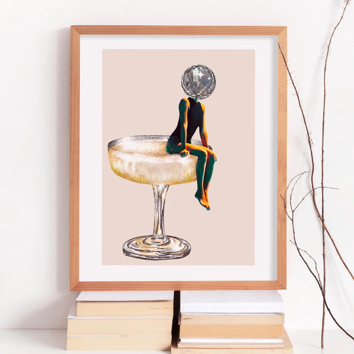 Disco ball head poster, funky disco 70s print, retro wall art, digital artwork, luxury mirrorball printable, girly dorm room artt trendy