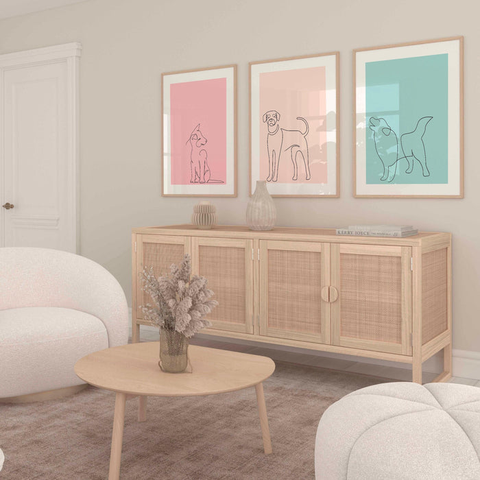 Gallery wall art set of 3, dog prints, boho dog line art poster, blush pink print, pale pink wall decor, minimalist wall art, pink wall art,