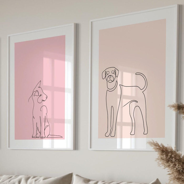 Gallery wall art set of 3, dog prints, boho dog line art poster, blush pink print, pale pink wall decor, minimalist wall art, pink wall art,