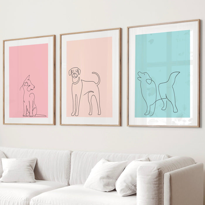 Gallery wall art set of 3, dog prints, boho dog line art poster, blush pink print, pale pink wall decor, minimalist wall art, pink wall art,