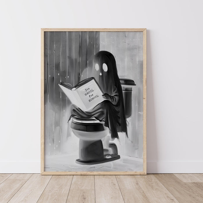 Bathroom art cute booklover halloween wall art ghost funny toilet halloween bath art print black and white kids wall art digital download