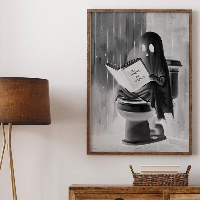 Bathroom art cute booklover halloween wall art ghost funny toilet halloween bath art print black and white kids wall art digital download