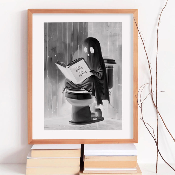 Bathroom art cute booklover halloween wall art ghost funny toilet halloween bath art print black and white kids wall art digital download