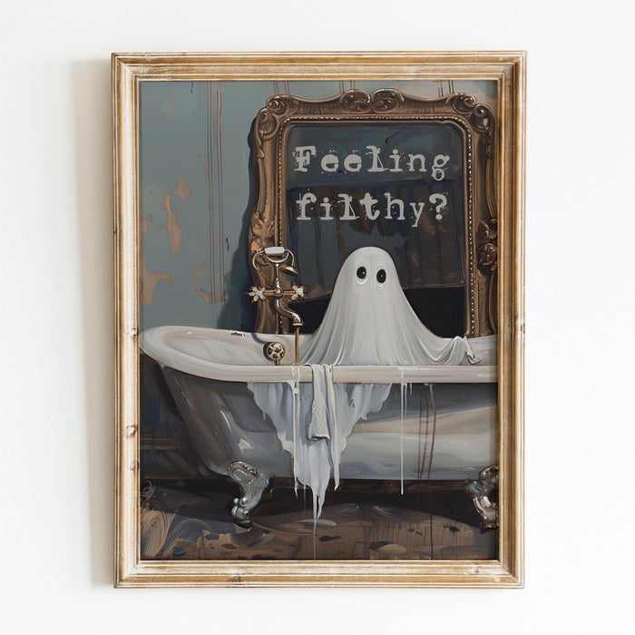 feeling Filthy vintage halloween bathroom laundry art cute creepy ghost in bath funny halloween print  fun spooky wall art digital download