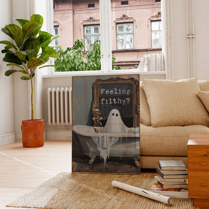 feeling Filthy vintage halloween bathroom laundry art cute creepy ghost in bath funny halloween print  fun spooky wall art digital download