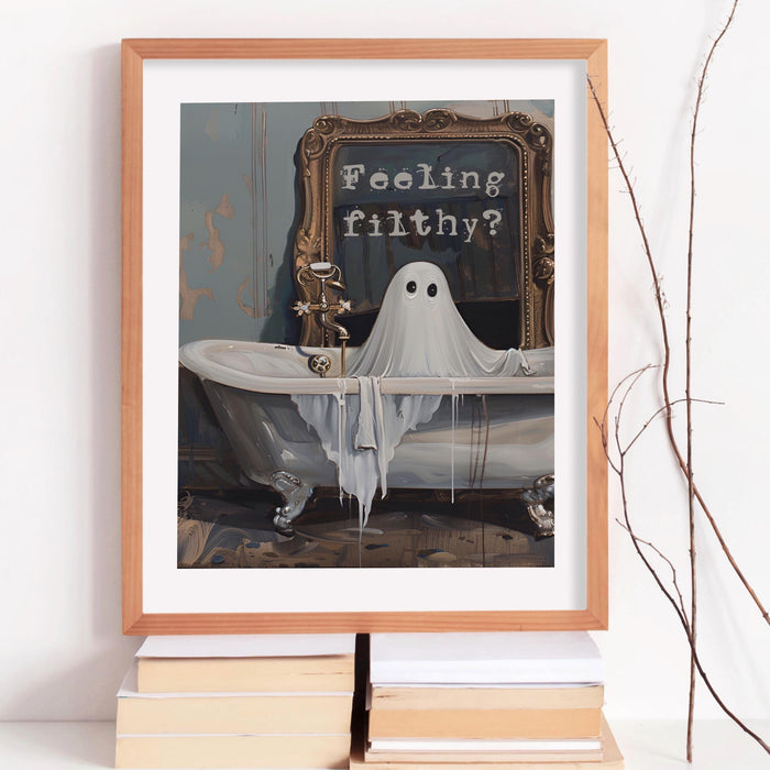 feeling Filthy vintage halloween bathroom laundry art cute creepy ghost in bath funny halloween print  fun spooky wall art digital download