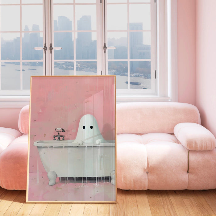 Bathroom art cute ghost in bath funny halloween pink bathroom print nursery wall art digital download