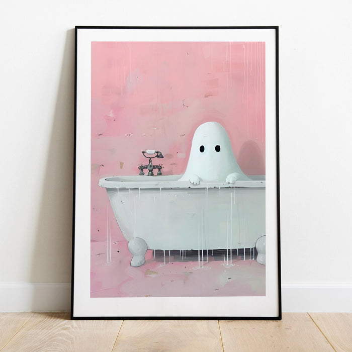 Bathroom art cute ghost in bath funny halloween pink bathroom print nursery wall art digital download