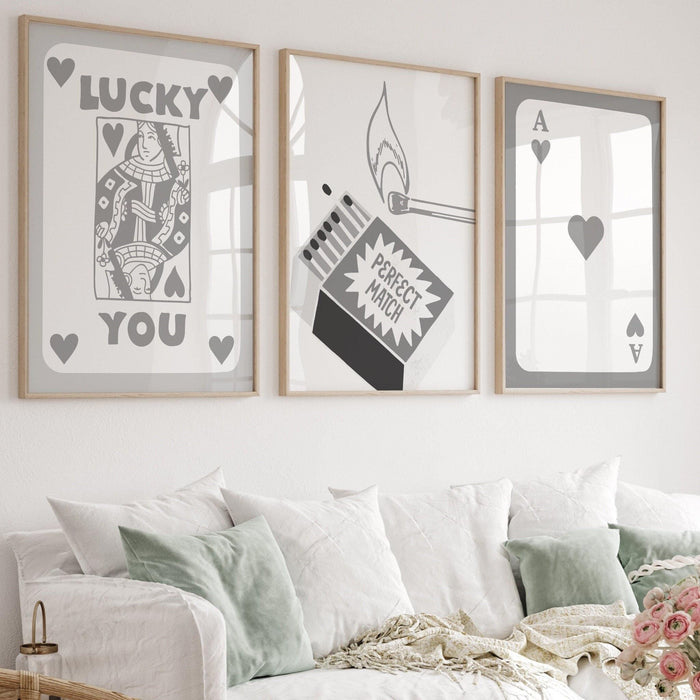 Above bed wall art, trendy retro set of 12,  black white aesthetic print,lucky you poster, gray print,funny art, minimalist, digital art