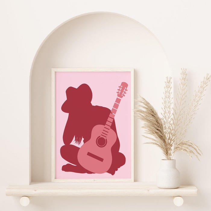 Preppy cowgirl print, pink cowgirl hat boots retro style poster, cowgirl with guitar, preppy wall print, printable wall art, cute dorm decor
