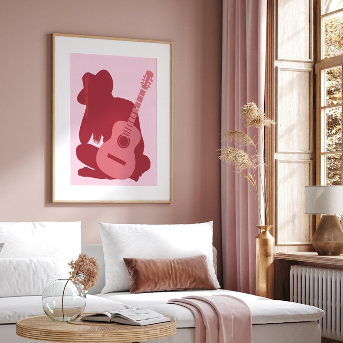 Preppy cowgirl print, pink cowgirl hat boots retro style poster, cowgirl with guitar, preppy wall print, printable wall art, cute dorm decor