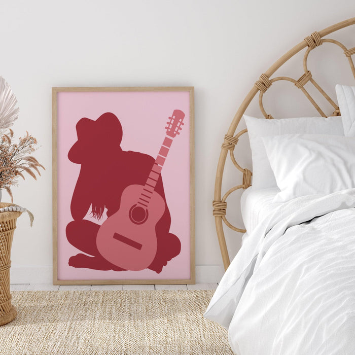 Preppy cowgirl print, pink cowgirl hat boots retro style poster, cowgirl with guitar, preppy wall print, printable wall art, cute dorm decor