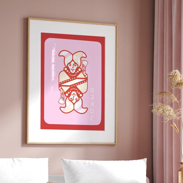Trendy retro wall art, vintage aesthetic print, pink red joker poster, lucky you, trendy wall art, funny art, digital, art deco wall art