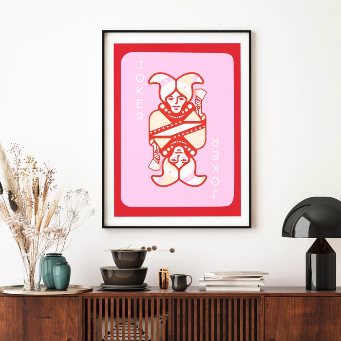 Trendy retro wall art, vintage aesthetic print, pink red joker poster, lucky you, trendy wall art, funny art, digital, art deco wall art