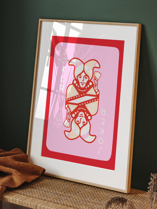 Trendy retro wall art, vintage aesthetic print, pink red joker poster, lucky you, trendy wall art, funny art, digital, art deco wall art