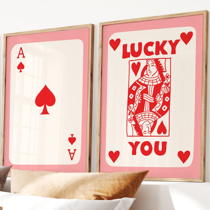 Trendy retro wall art set of 9, modern aesthetic print, lucky you poster, red cream print, trendy wall art funny dorm art minimalist digital