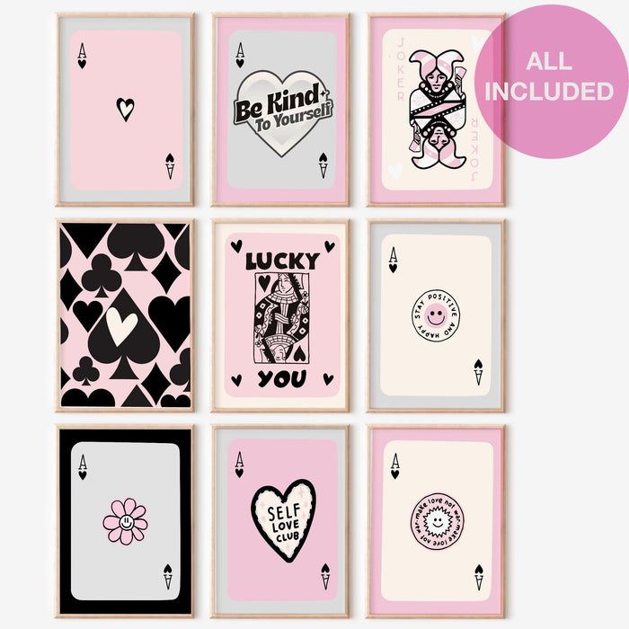 Trendy retro wall art set of 9, retro aesthetic print, pink and gray beige poster, lucky you print, trendy wall art, funny art digital