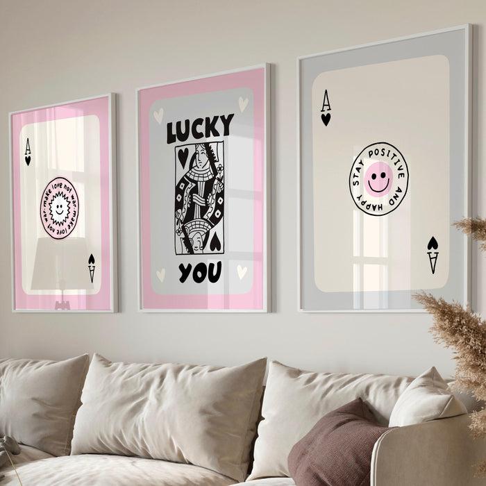 Trendy retro wall art set of 9, retro aesthetic print, pink and gray beige poster, lucky you print, trendy wall art, funny art digital