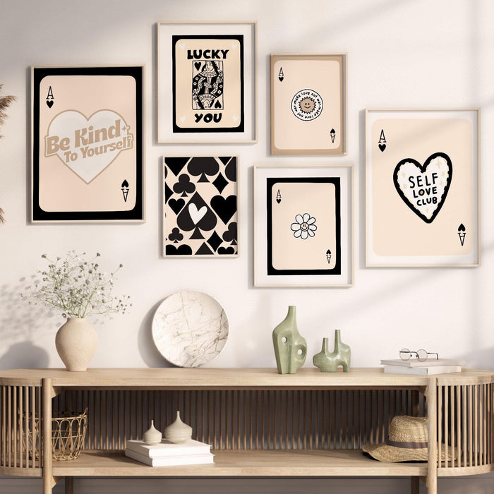 Trendy retro wall art set of 9, retro trendy aesthetic print, black and beige poster, lucky you poster, trendy wall art, funny art, digital,