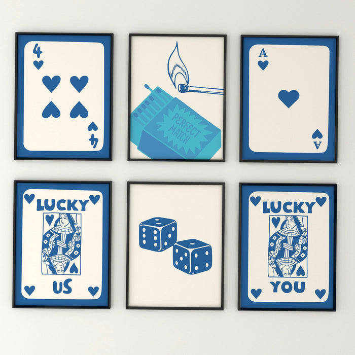Trendy retro wall art set of 6,retro trendy aesthetic print,lucky you poster,blue print,trendy wall art,funny art, minimalist, digital art