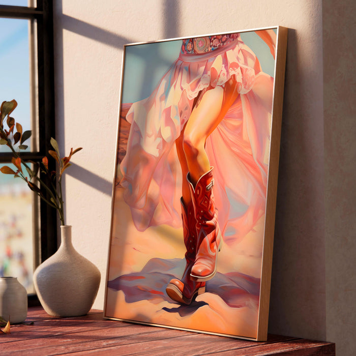Trendy retro wall art cowgirl boots printable, pink painting, western, southern girl dorm room wall art, boho girly decor digital download