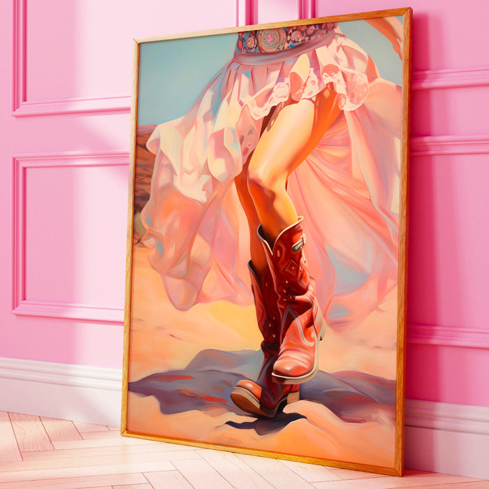 Trendy retro wall art cowgirl boots printable, pink painting, western, southern girl dorm room wall art, boho girly decor digital download