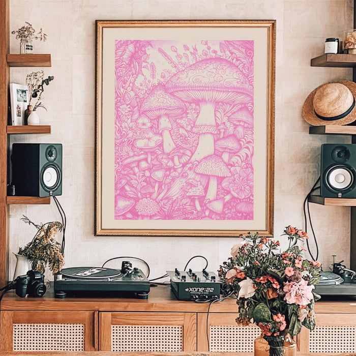 Trendy retro pink wall art mushrooms, retro trendy aesthetic print, mushroom poster, pink cream wall decor trendy art minimalistic printable