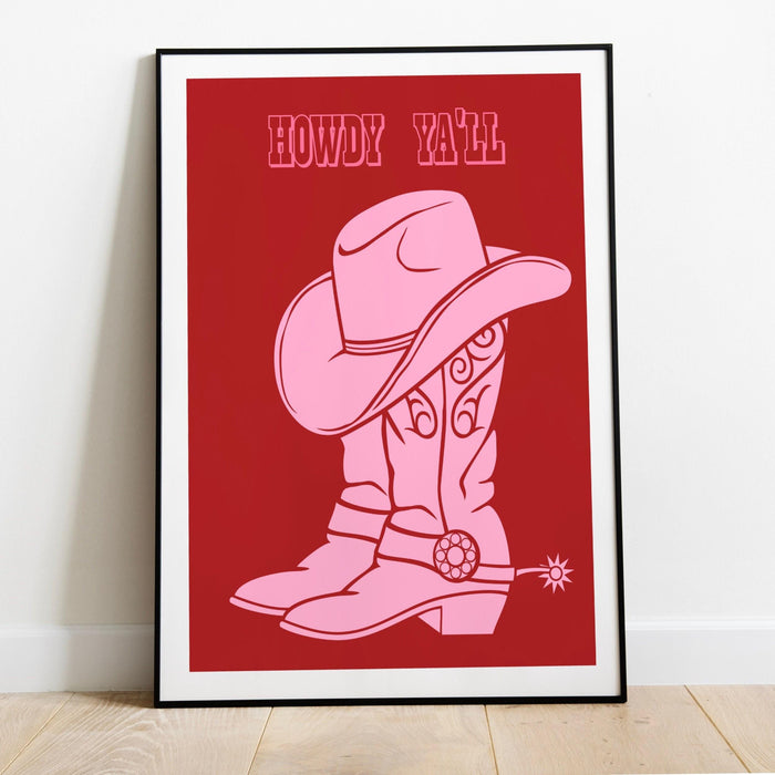 Trendy pink and red print, retro style poster, cowgirl with lassoo modern wall art, printable wall art, cute dorm decor, howdy, cowboy boots