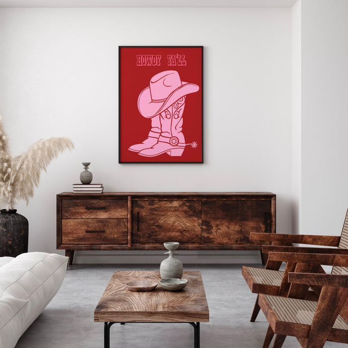 Trendy pink and red print, retro style poster, cowgirl with lassoo modern wall art, printable wall art, cute dorm decor, howdy, cowboy boots