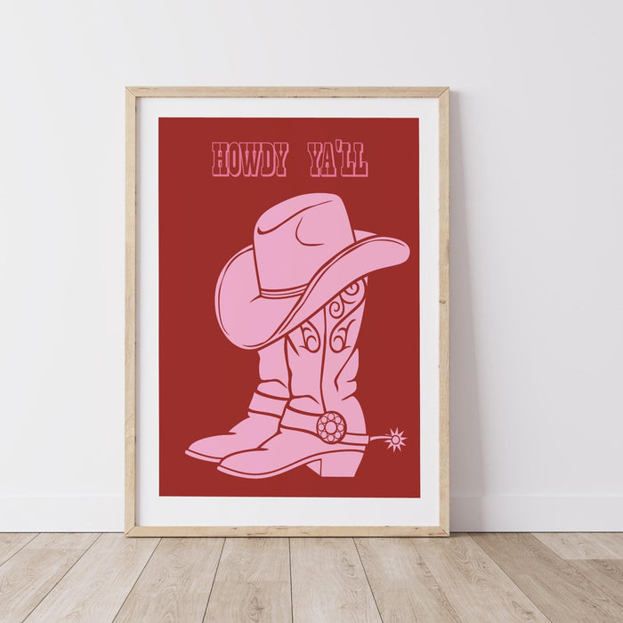 Trendy pink and red print, retro style poster, cowgirl with lassoo modern wall art, printable wall art, cute dorm decor, howdy, cowboy boots