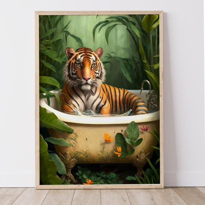 Tiger in bath bathroom art print, maximalist animal in bathtub jungle wall art, funny bathroom printable, eclectic boho bathroom home decor