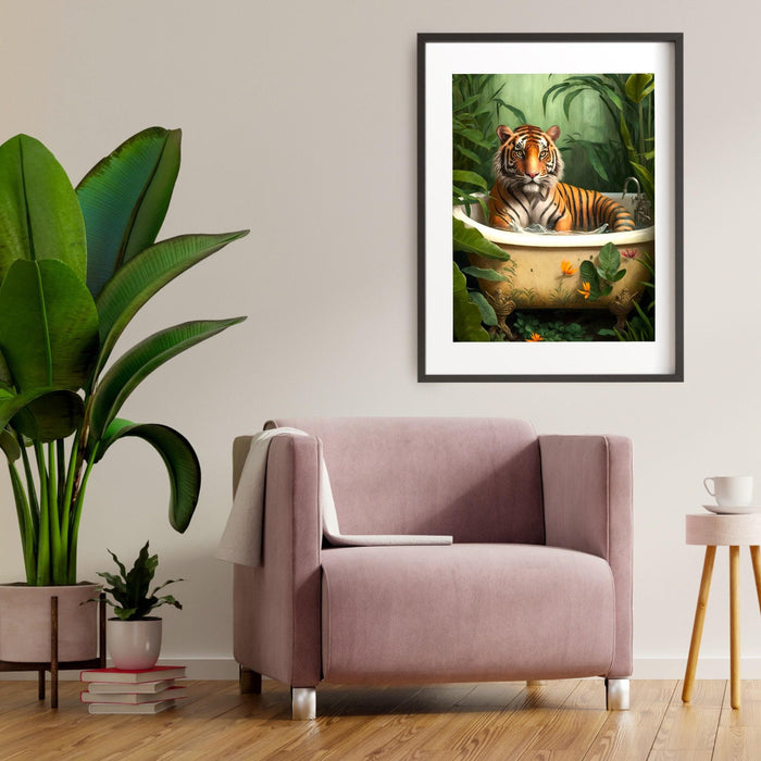 Tiger in bath bathroom art print, maximalist animal in bathtub jungle wall art, funny bathroom printable, eclectic boho bathroom home decor