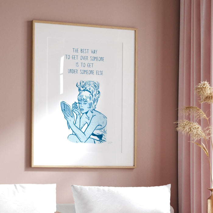 The best way to get over him,retro poster,blue wall decor,breakup gift,digital download,girly dorm room art,divorce party poster