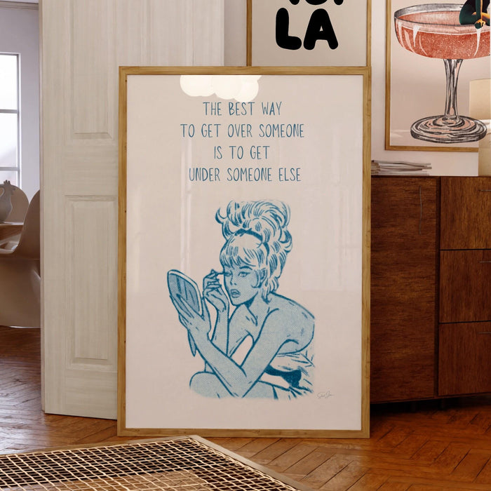 The best way to get over him,retro poster,blue wall decor,breakup gift,digital download,girly dorm room art,divorce party poster