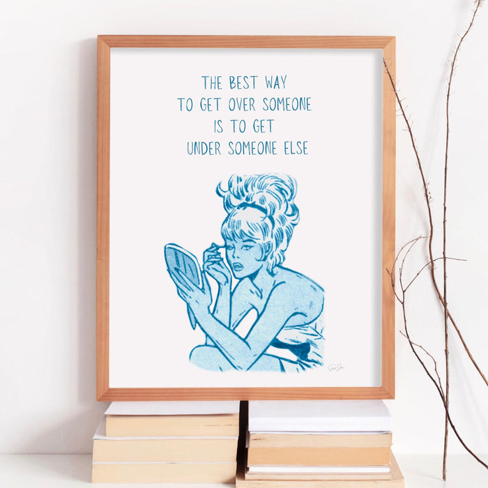 The best way to get over him,retro poster,blue wall decor,breakup gift,digital download,girly dorm room art,divorce party poster