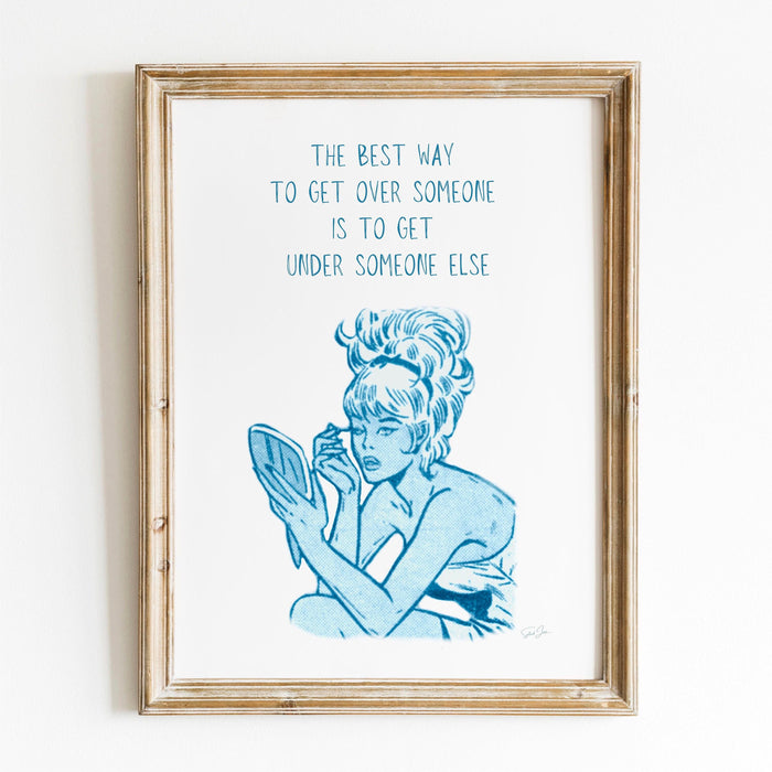 The best way to get over him,retro poster,blue wall decor,breakup gift,digital download,girly dorm room art,divorce party poster