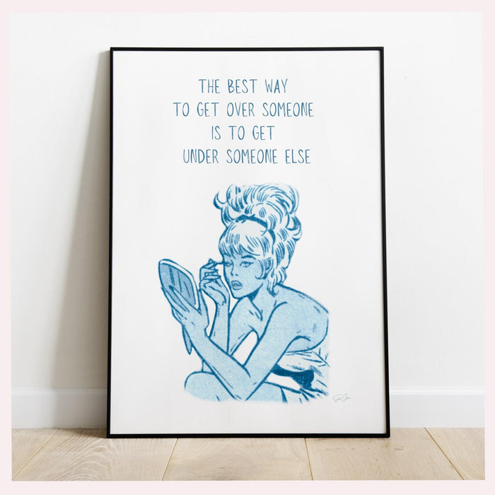 The best way to get over him,retro poster,blue wall decor,breakup gift,digital download,girly dorm room art,divorce party poster