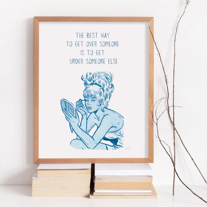 The best way to get over him,retro poster,blue wall decor,breakup gift,digital download,girly dorm room art,divorce party poster